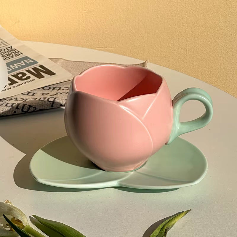 Flower-Shaped Ceramic Tulip Mug and Saucer Set with Tray – Elegant Coffee Cups 