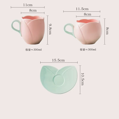 Flower-Shaped Ceramic Tulip Mug and Saucer Set with Tray – Elegant Coffee Cups 